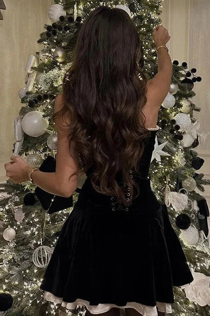 Velvet Strapless Corset Mini Dress with Pearl Trim