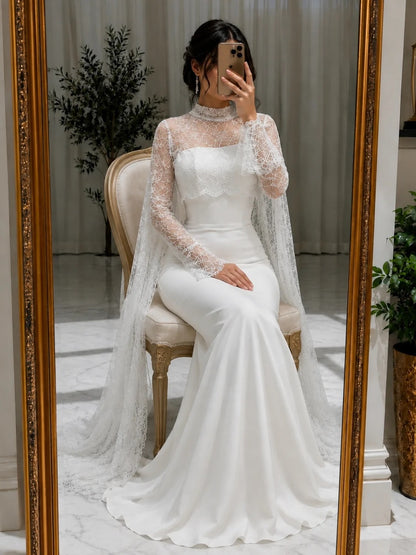 High Neck Lace Mermaid Bridal Gown with Cape