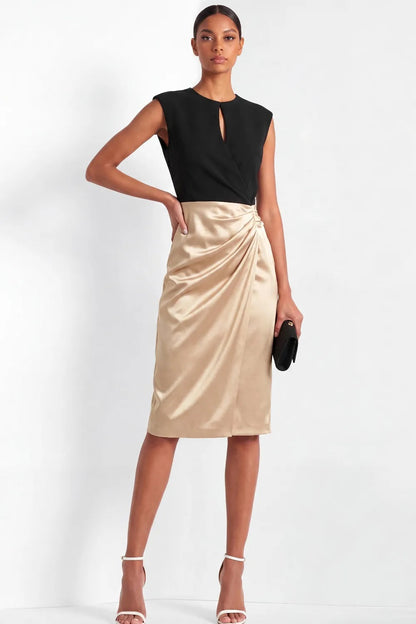 Keyhole Sleeveless Sheath Dress with Draped Skirt