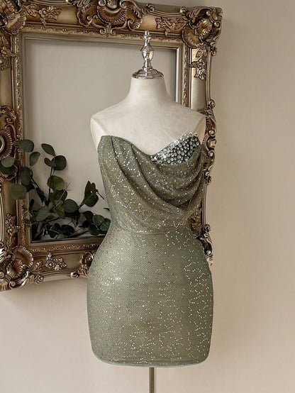 Strapless Cowl Neck Rhinestone Detail Mini Dress
