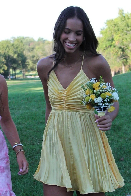 Pleated Cut-Out Mini Dress with Crisscross Tie Back