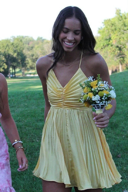 Pleated Cut-Out Mini Dress with Crisscross Tie Back