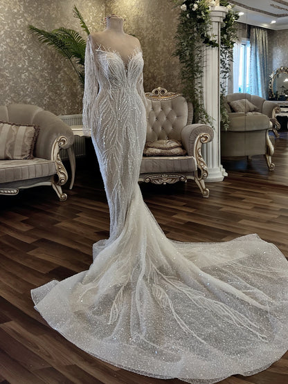 Beaded Sequin Mermaid Wedding Dress with Train