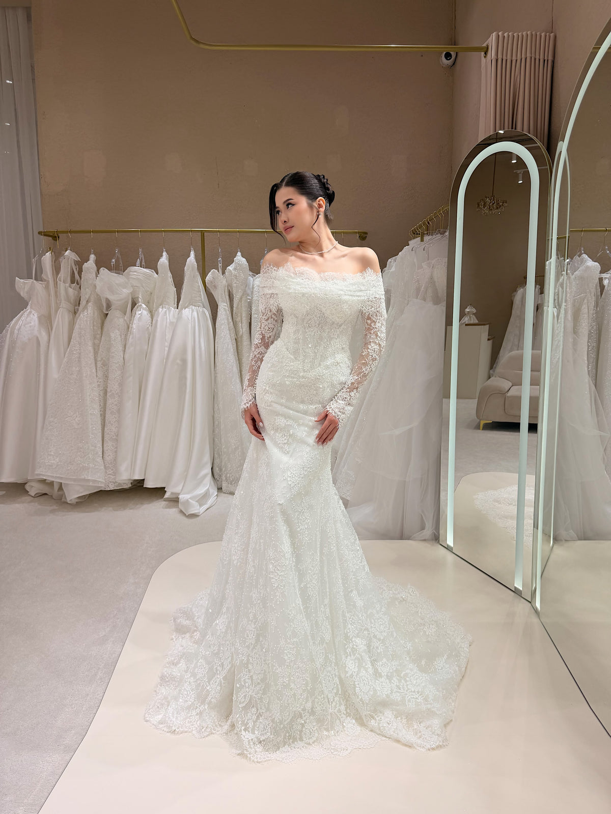 Off-the-Shoulder Lace Wedding Dress with Overskirt