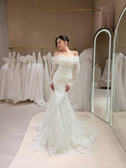 Off-the-Shoulder Lace Wedding Dress with Overskirt