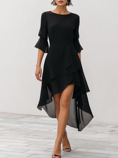 Tiered High-Low Dress with Flared Sleeves