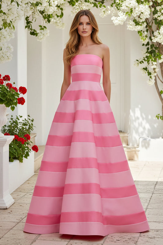 Strapless Striped A-Line Evening Gown