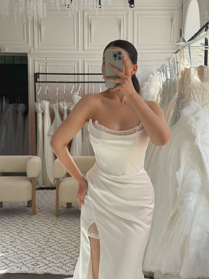 Strapless Ruched Satin Wedding Dress with Slit