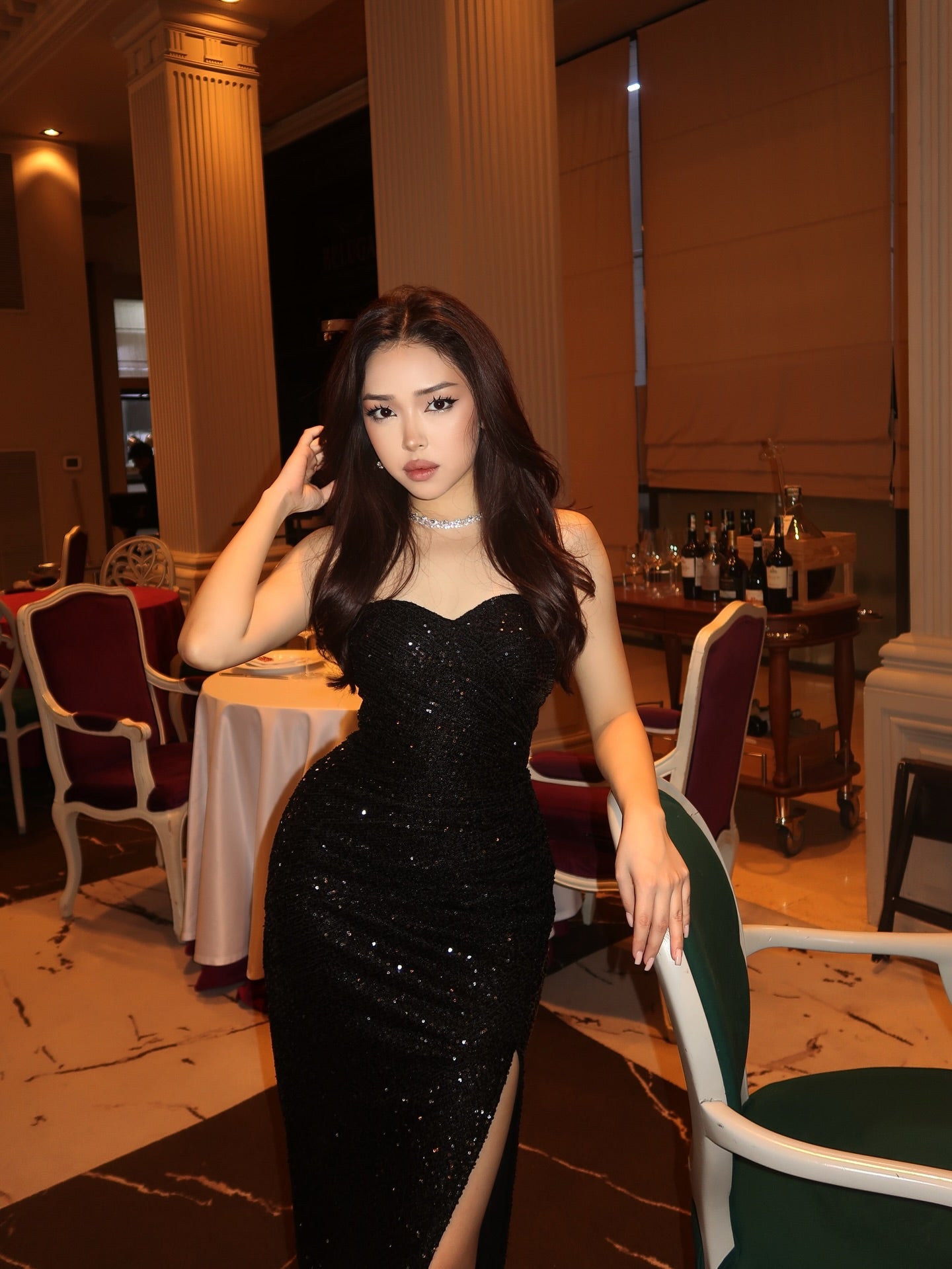 Strapless Sweetheart Sequin Maxi Gown with High Slit