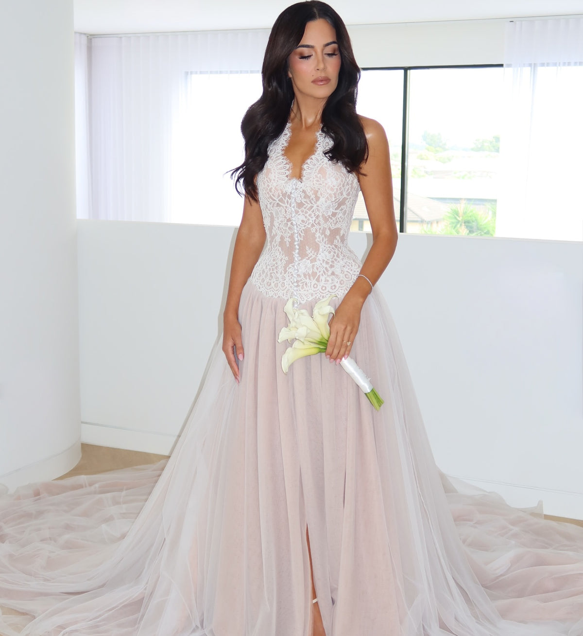 Lace Bodice Tulle Wedding Dress with Train