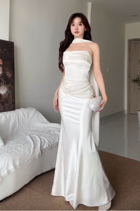Strapless Ruched Satin Mermaid Gown with Scarf