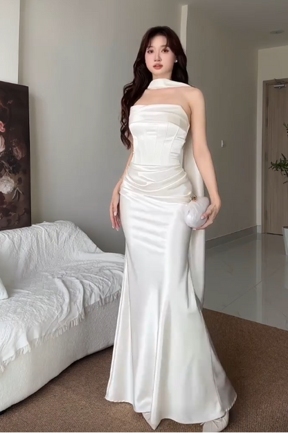 Strapless Ruched Satin Mermaid Gown with Scarf