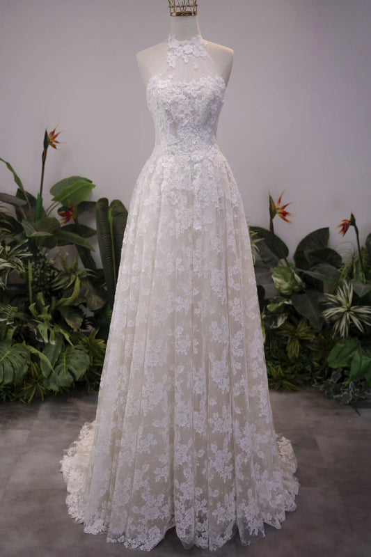Halter Neck Floral Lace A-Line Wedding Dress
