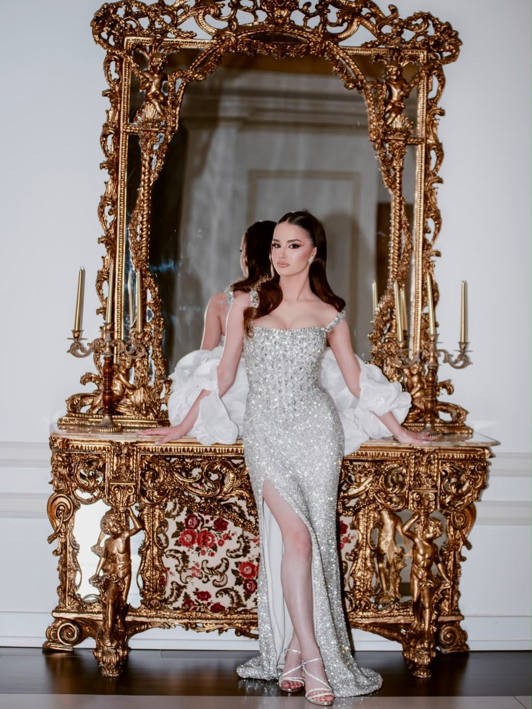 Beaded High-Slit Gown with Ruffled Statement Sleeves