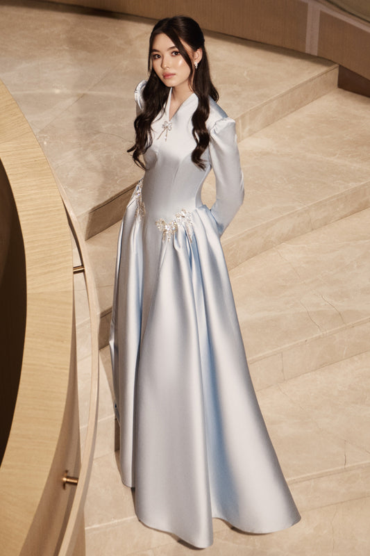 High-Neck Satin Long Sleeve Evening Gown