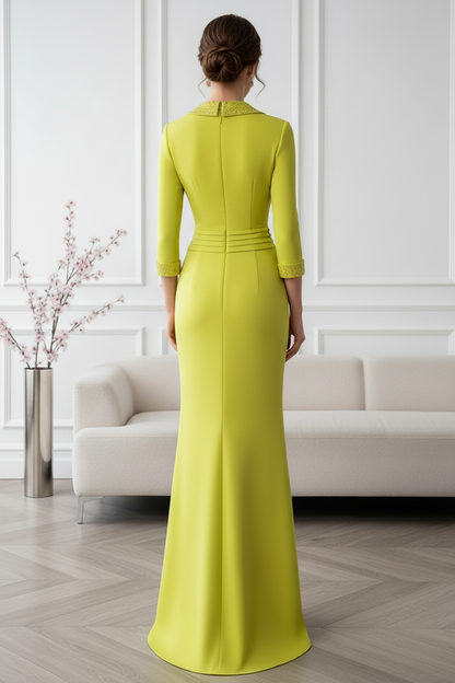 3/4 Sleeve V-Neck Crepe Evening Gown with Ruched Waist