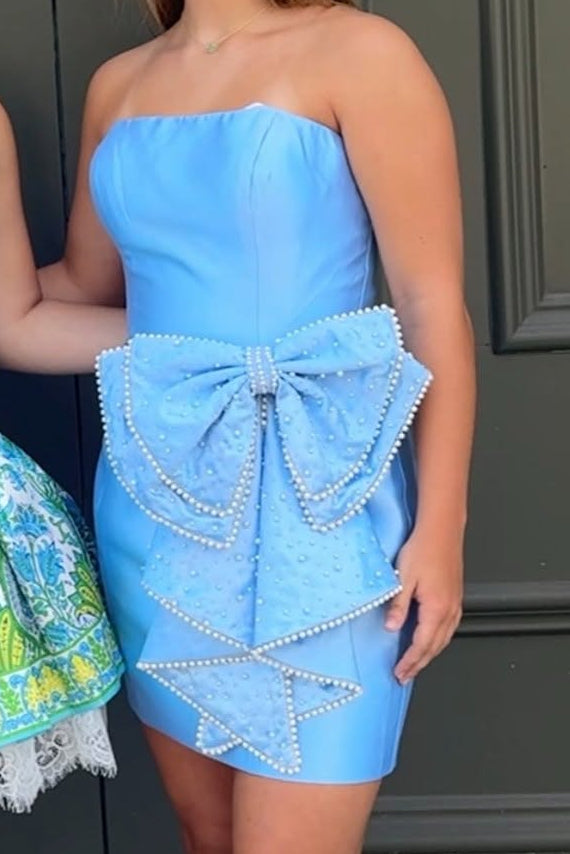 Strapless Pearl Bowknot Satin Mini Dress
