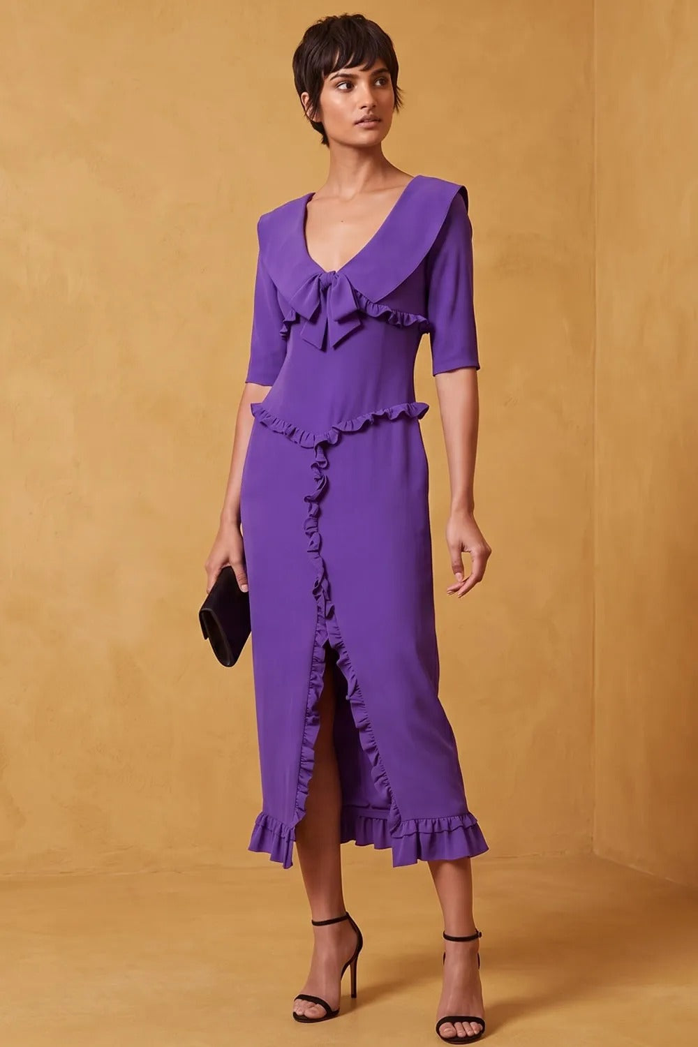 Collared Midi Dress with Ruffle Trim and Bow