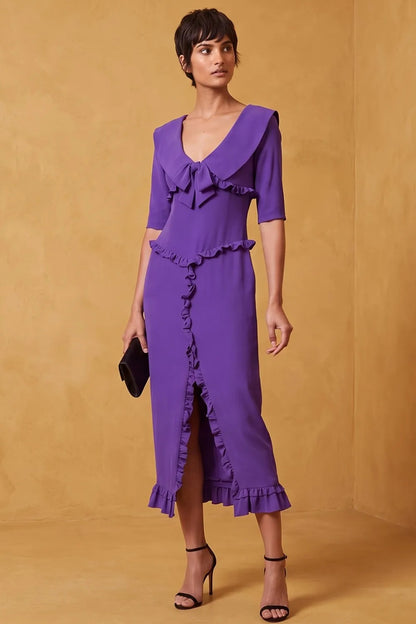 Collared Midi Dress with Ruffle Trim and Bow