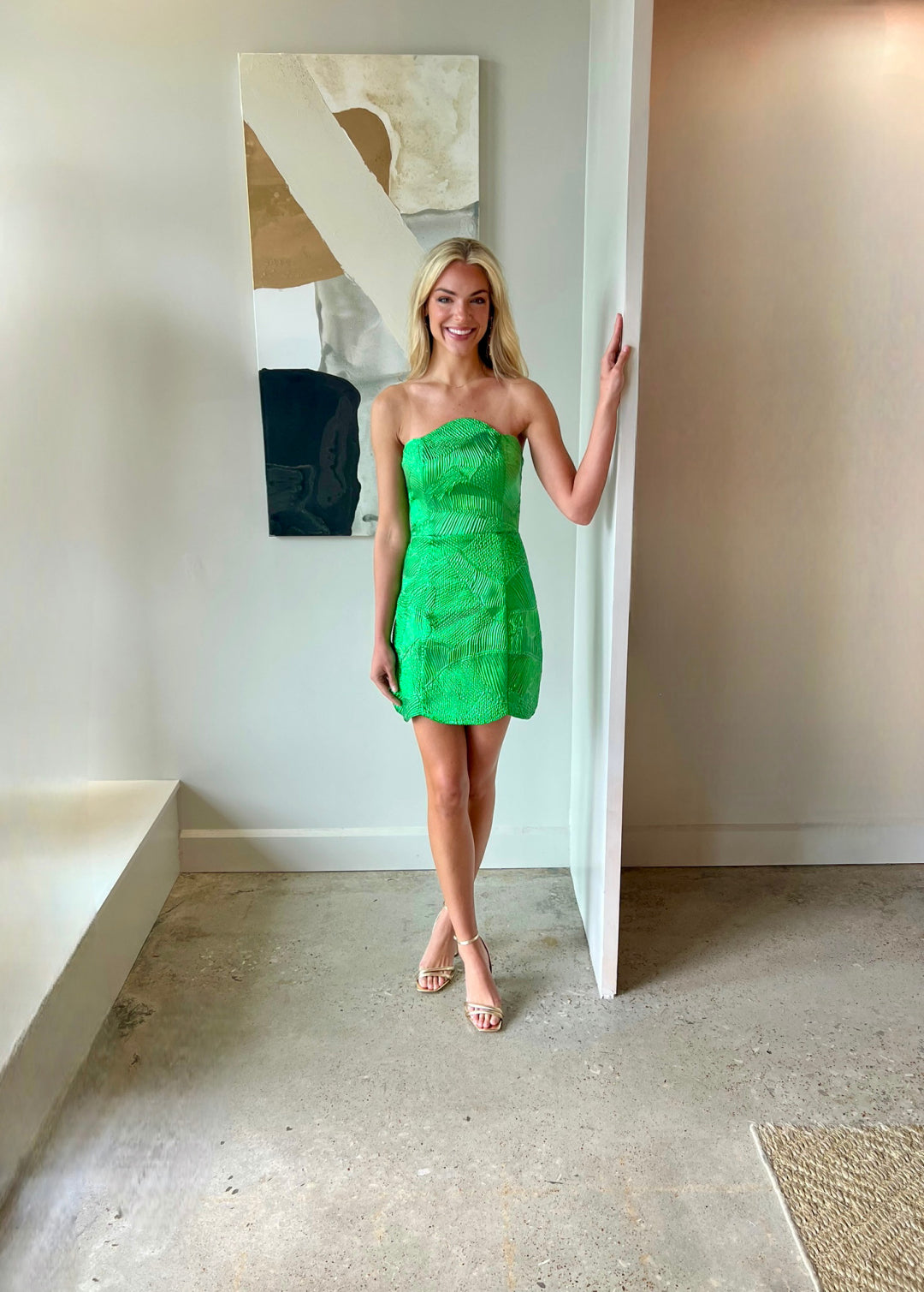 Strapless Jacquard Sheath Mini Dress