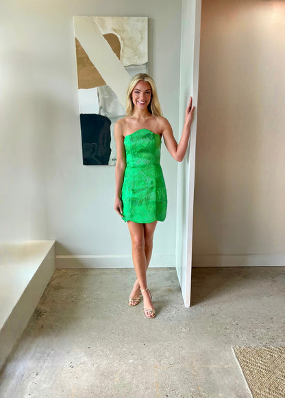Strapless Jacquard Sheath Mini Dress