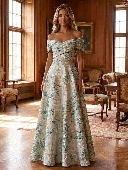 Floral Jacquard Off-the-Shoulder A-Line Evening Dress