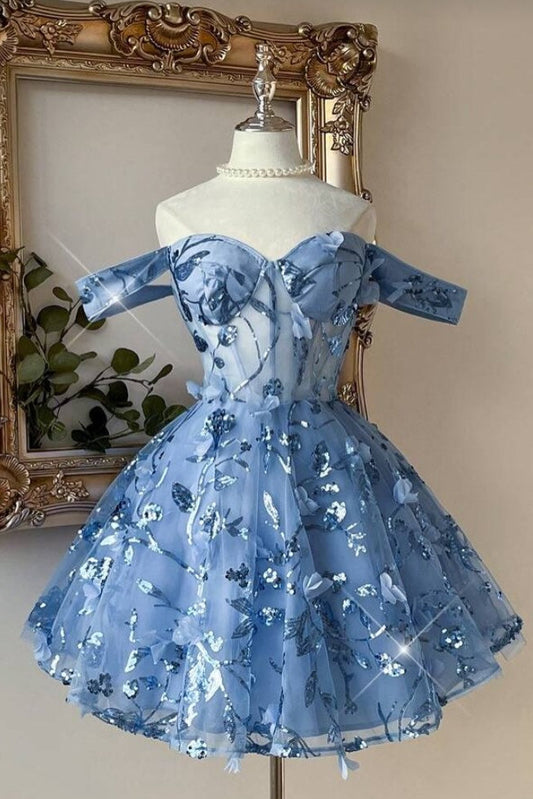 Off-the-Shoulder 3D Floral Corset Homecoming Dress