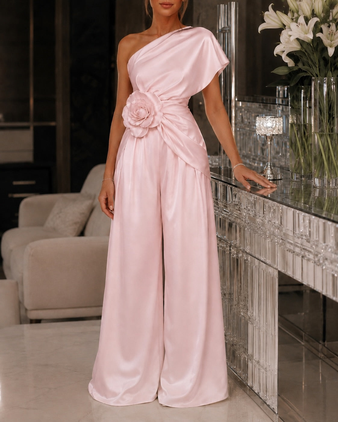 One-Shoulder Rosette Wide-Leg Satin Jumpsuit