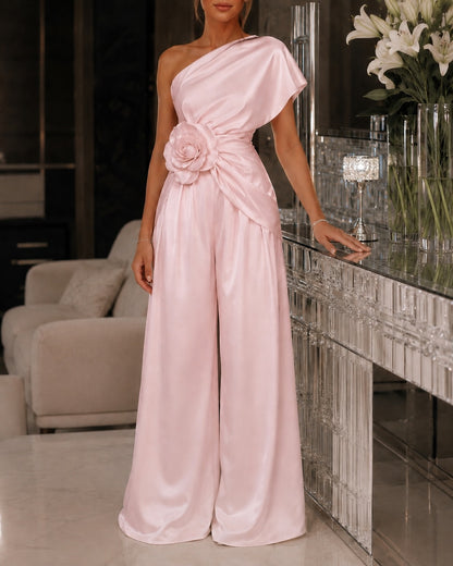 One-Shoulder Rosette Wide-Leg Satin Jumpsuit