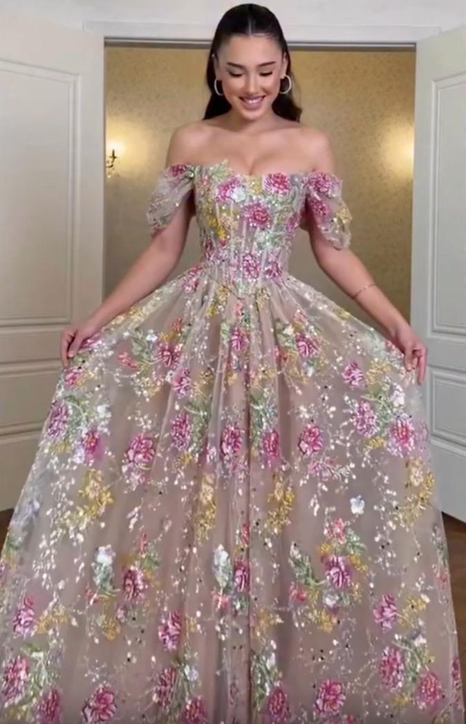 Floral Embroidered Corset A-Line Gown