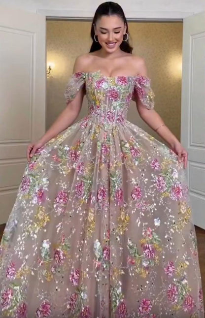 Floral Embroidered Corset A-Line Gown