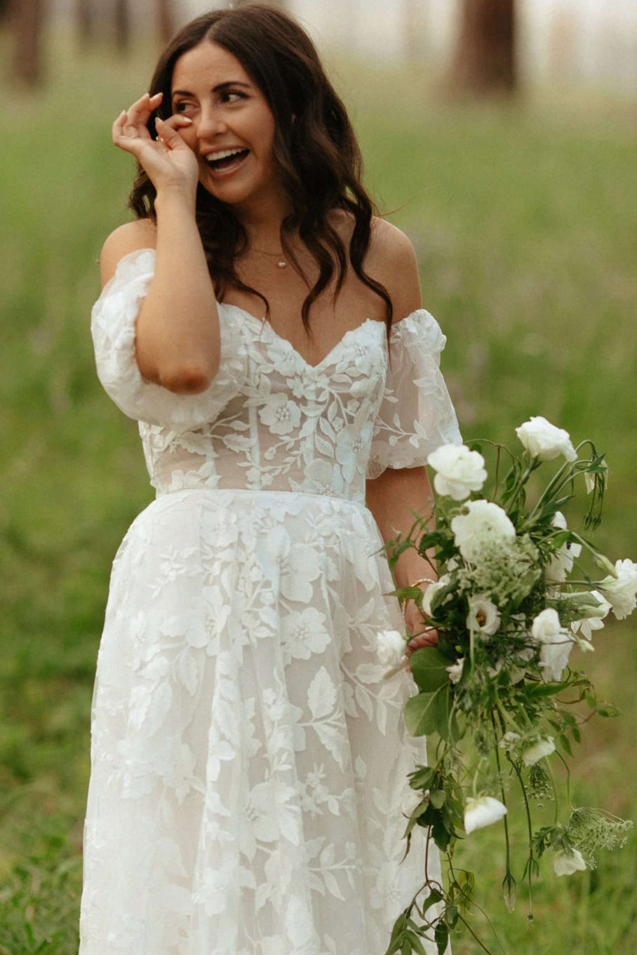 Off-the-Shoulder Lace A-Line Wedding Dress with Slit