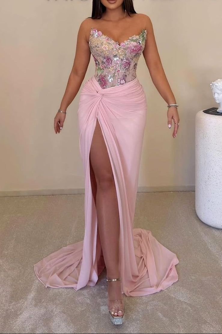 Floral Corset High Slit Formal Gown