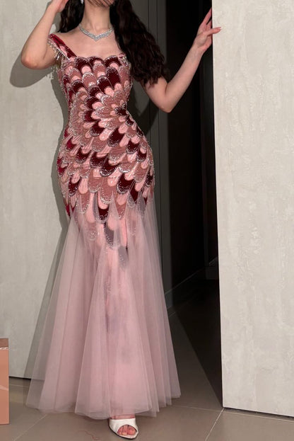 Scallop Appliqué Mermaid Evening Gown with Tulle Skirt