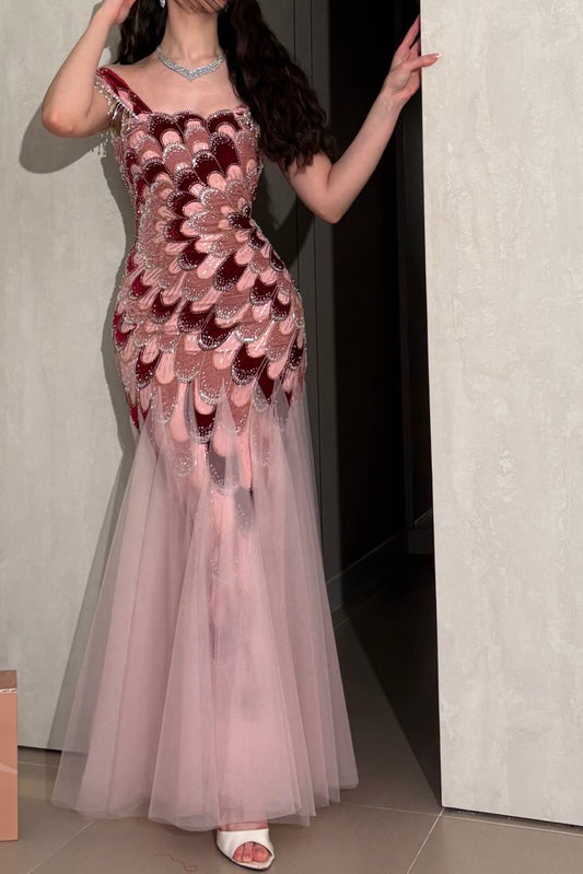 Scallop Appliqué Mermaid Evening Gown with Tulle Skirt