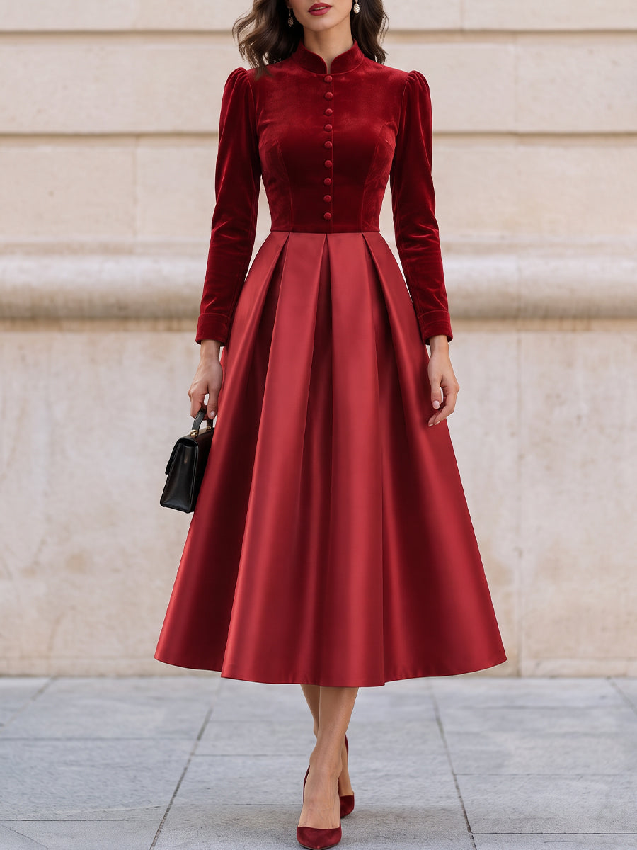 Velvet and Satin High-Neck Pleated Midi Dress