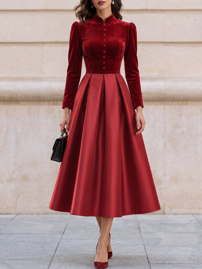 Velvet and Satin High-Neck Pleated Midi Dress
