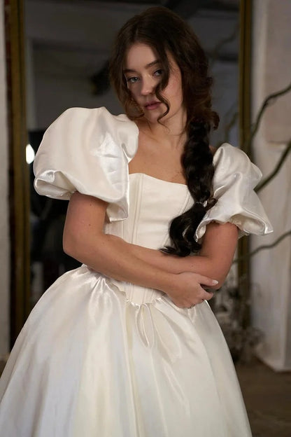 Square Neck Corset Ball Gown with Puff Sleeves