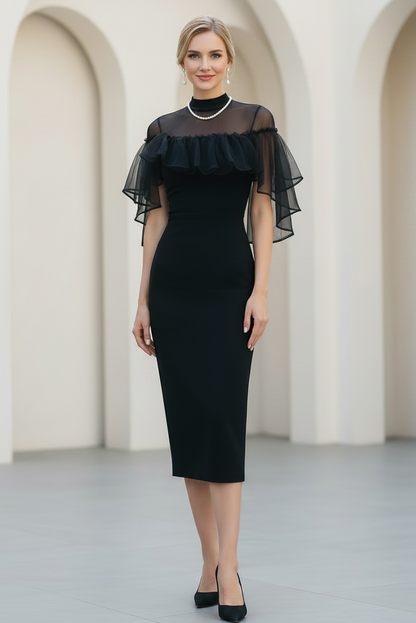 Mesh Ruffle Cape Bodycon Midi Dress