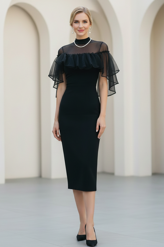 Mesh Ruffle Cape Bodycon Midi Dress