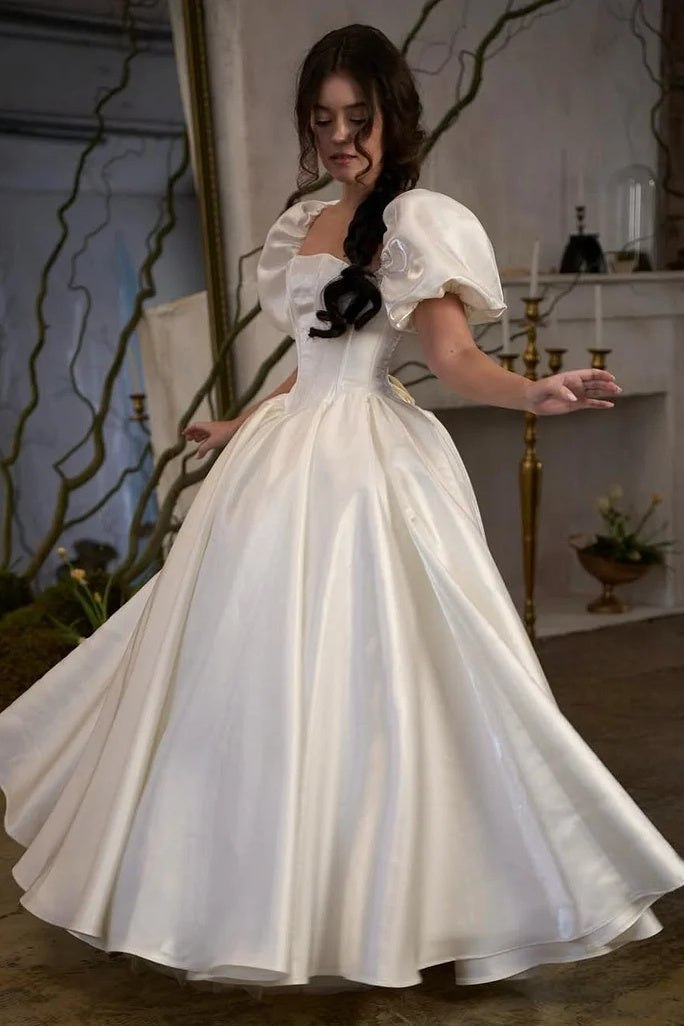 Square Neck Corset Ball Gown with Puff Sleeves