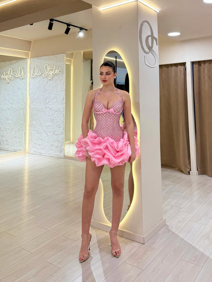 Halter Corset Crystal Beaded Ruffle Mini Dress