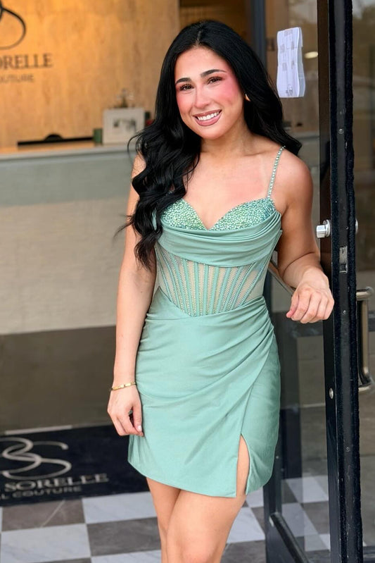 Cowl Neck Beaded Corset Mini Dress