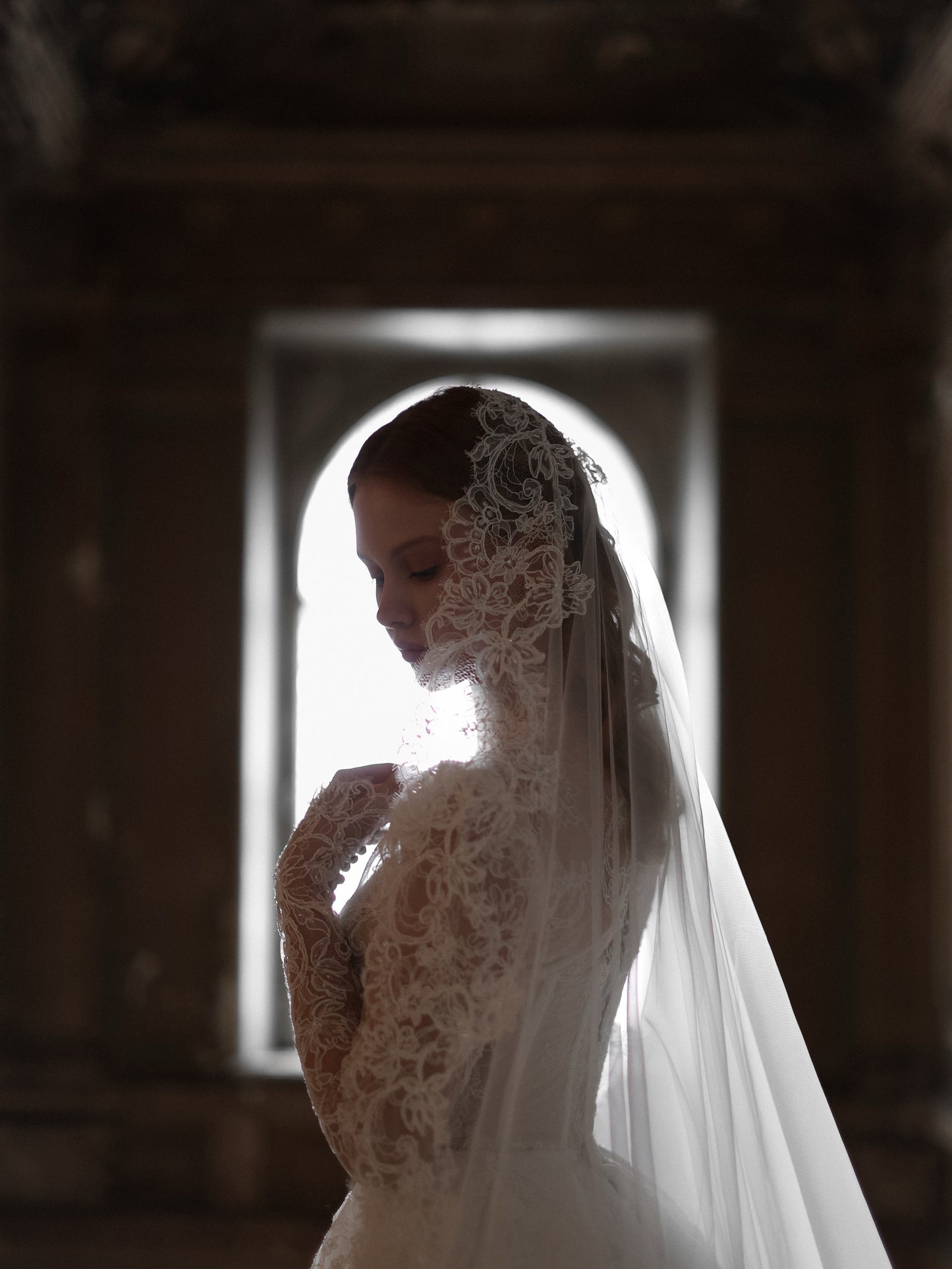 High Neck Lace Wedding Dress with Overskirt