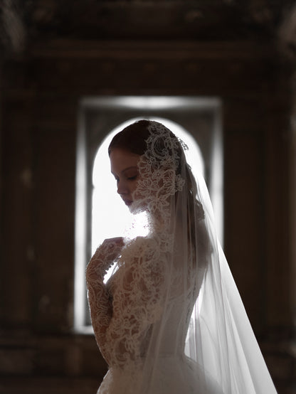 High Neck Lace Wedding Dress with Overskirt