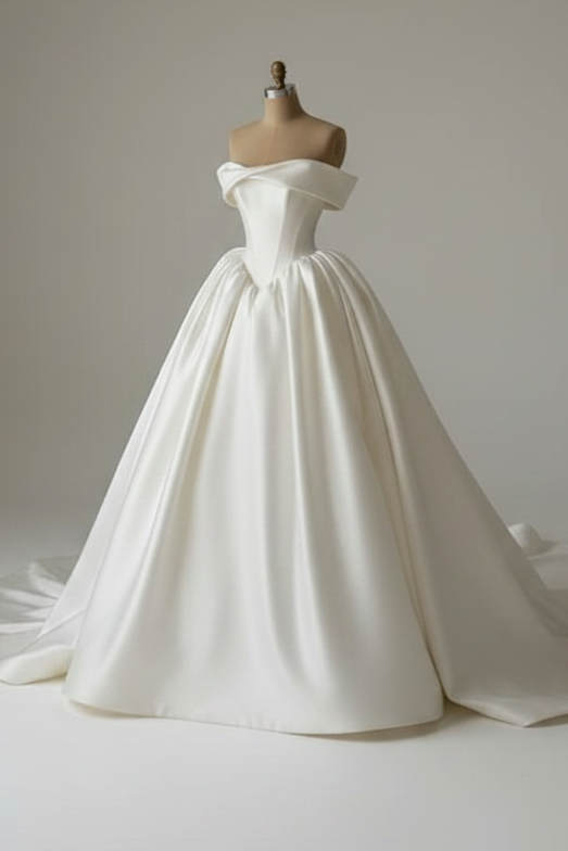 Off-Shoulder Draped Bodice Ball Gown Wedding Dress