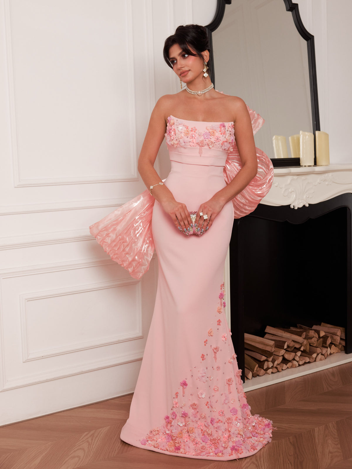 Strapless Floral Applique Gown with Statement Back