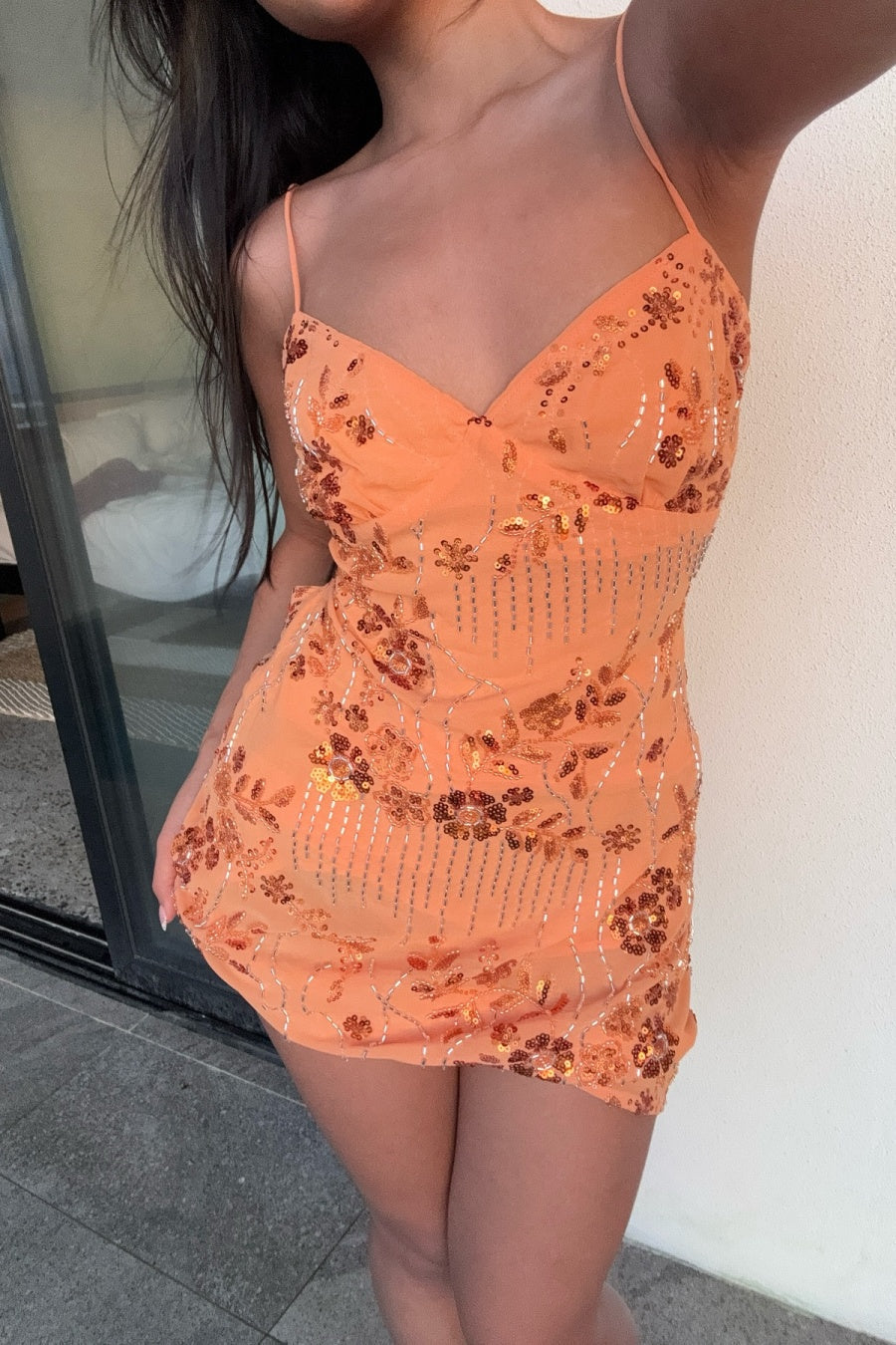 Floral Sequin Lace-Up Backless Mini Dress