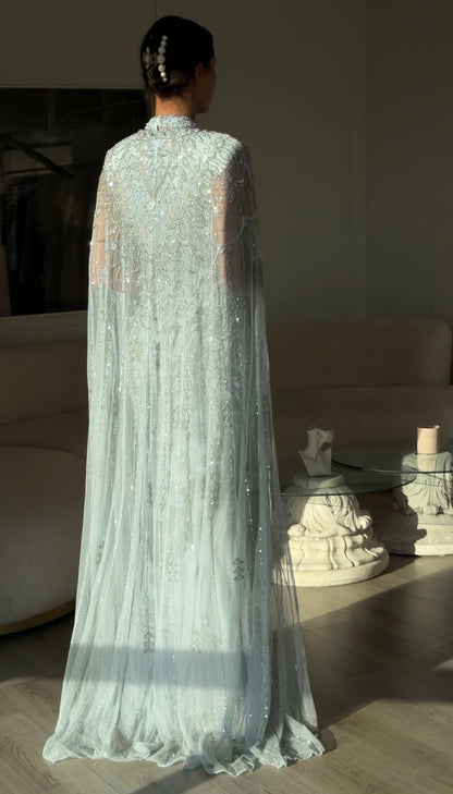 Embellished Cape Evening Gown with Illusion Neckline