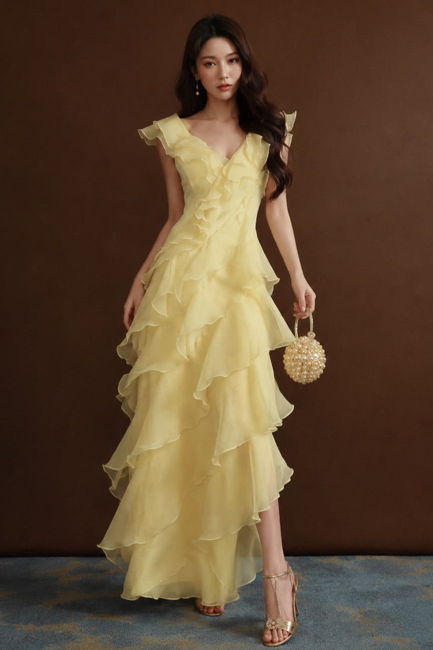 Asymmetrical Ruffled V-Neck A-Line Maxi Dress